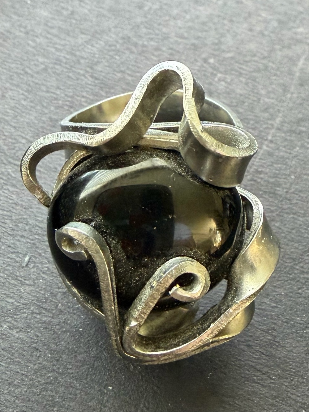 Artisan Avant-Garde Fork Ring - Stainless Steel & Black Stone - Adjustable